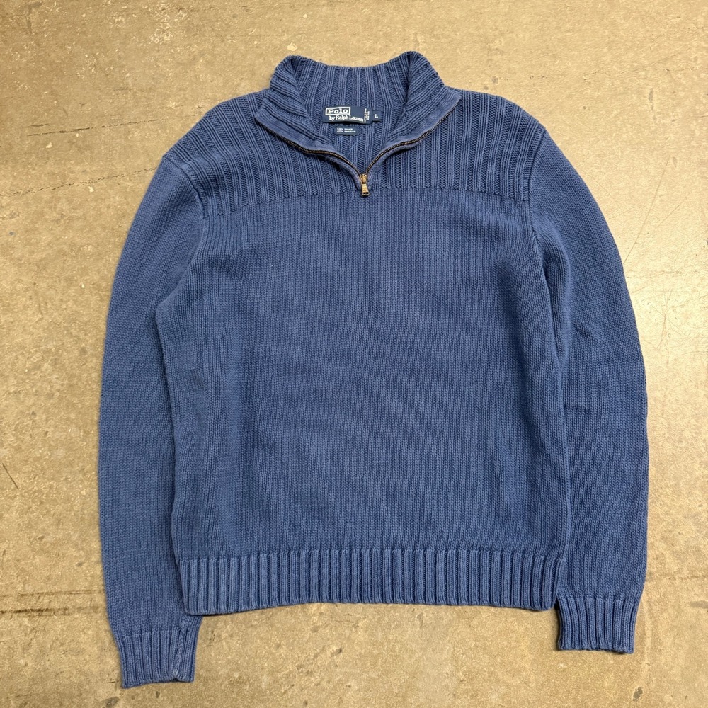 Polo Ralph Lauren Mens Blue Linen Cotton Blend Quarter Zip Ribbed Sweater Large